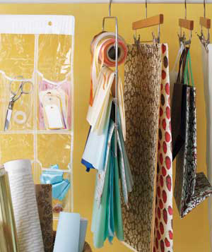 Pant Hanger as Gift Wrap Organizer by Real Simple