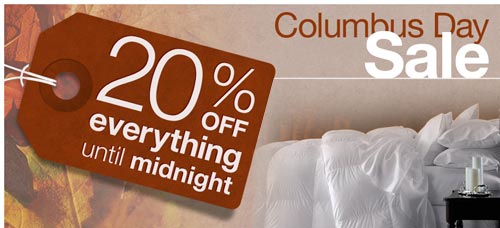 20% off everything on Cuddledown.com - Columbus Day Sale