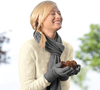Woman in Cashmere Scarf and Gloves - link to 30% off at Cuddledown.com